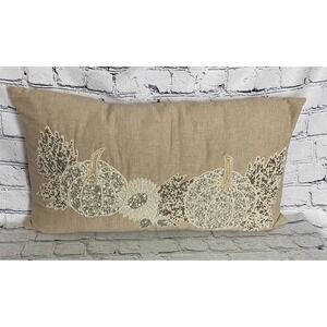 Devi Designs Beaded Fall  Pumpkins Thanksgiving Boho Throw Pillow Beige 25x10